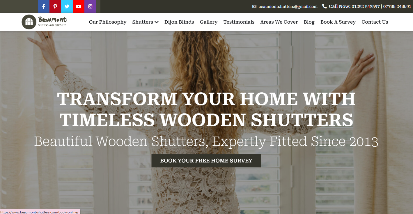Screenshot of the Beaumont Shutters website