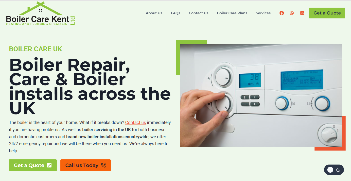 Screenshot of the Boiler Care Kent Ltd website