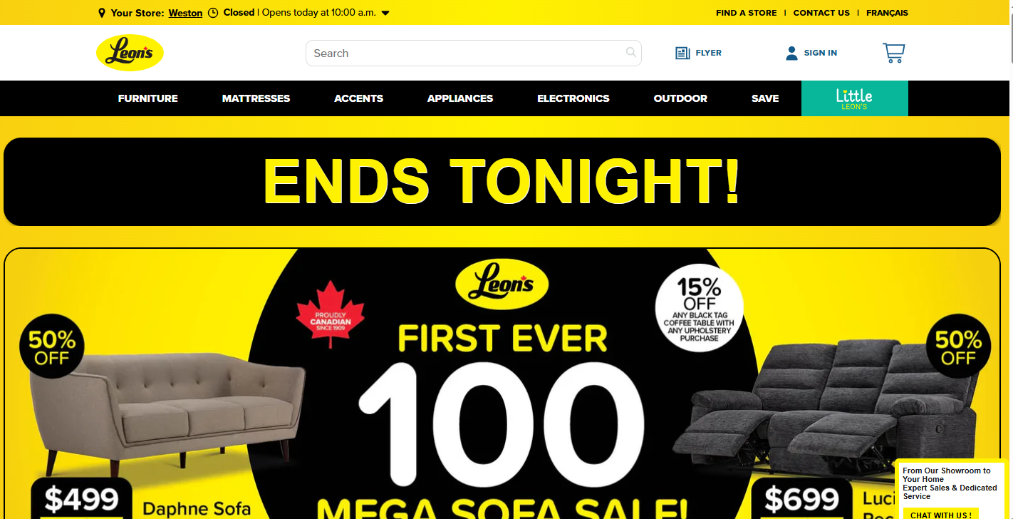 Screenshot of the Leon's - Canada's Leading Furniture Store website