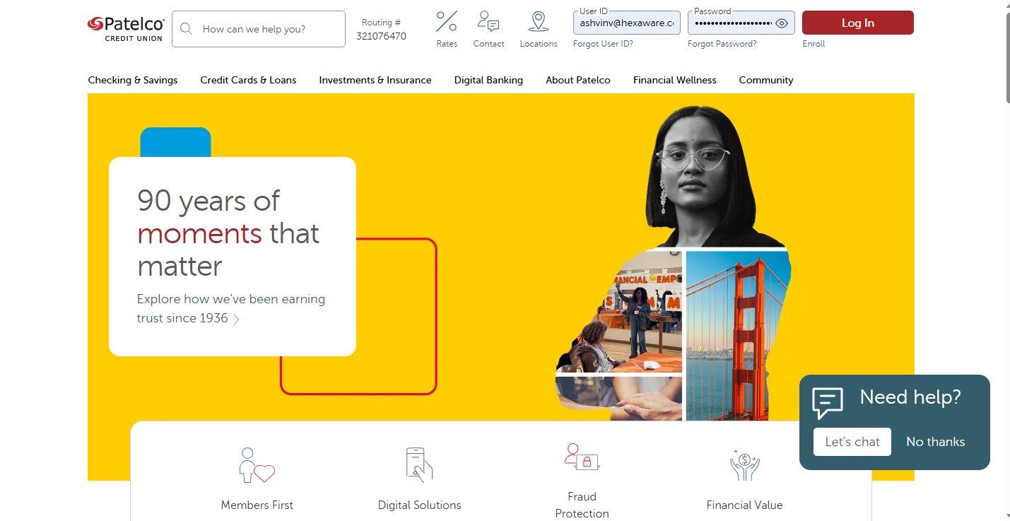 Screenshot of the Patelco website